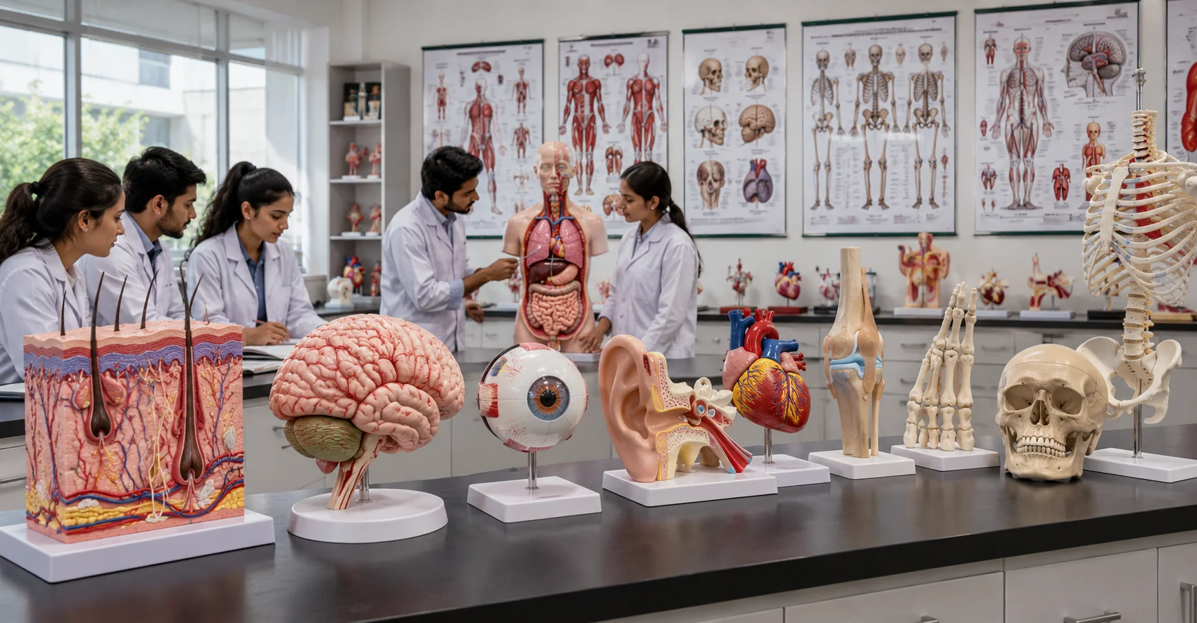 Fiber anatomical models and educational charts in a medical training classroom